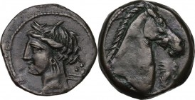 Punic Sardinia. AE 19 mm. Circa 300-264 BC. Uncertain mint. D/ Wreathed head of Kore left, wearing triple-pendant earring; behind, three pellets. R/ H...