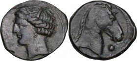 Punic Sardinia. AE 21.5 mm. Circa 300-264 BC. Uncertain mint. D/ Wreathed head of Kore left, [wearing triple-pendant earring]; behind, Punic letter Be...