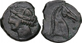 Punic Sardinia. First Punic War. AE Dishekel. Circa 264-241 BC. Uncertain mint. D/ Wreathed head of Kore left, wearing triple-pendant earring. R/ Hors...