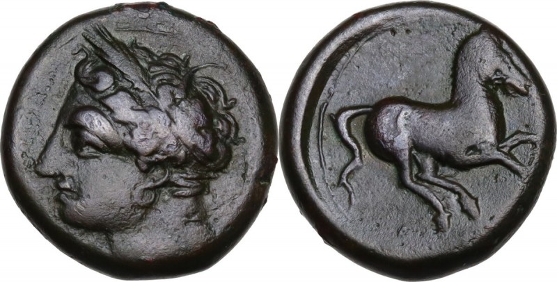 Punic Sardinia. AE 16 mm. Circa 375-350 BC. Uncertain mint. D/ Wreathed head of ...