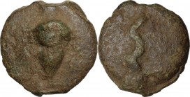 Dioscuri/Mercury series. AE Cast Semuncia, c. 280 BC. Obv. Acorn. Rev. Σ. Cr. 14/7; Vecchi ICC 32; HN Italy 274. AE. 16.83 g. 25.00 mm. R. Green brown...