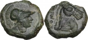 Anonymous. AE Half Unit, after 276 BC. Obv. Helmeted head of Minerva right. Rev. Bridled horse's head right; in left field, ROMA[ ]. Cr. 17/1d. AE. 4....
