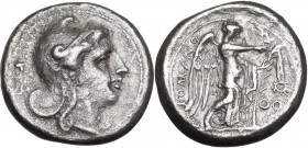 Anonymous. AR Didrachm, 265-242 AD. Neapolis(?). Obv. Head of Roma right, wearing Phrygian helmet; behind, rudder(?). Rev. Victory right, attaching wr...