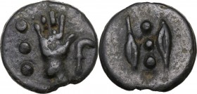 Dioscuri/ Mercury with sickle series. AE Cast Quadrans, after 280 BC. Obv. Right hand with open palm; to right, three pellets; to left, sickle. Rev. T...