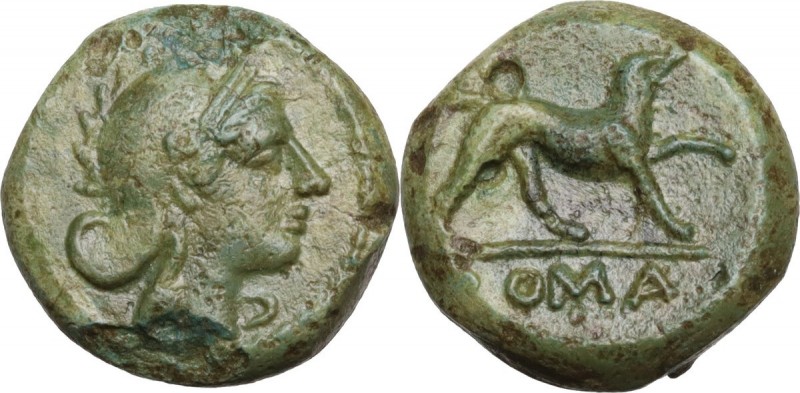 AE Half-bronze, c. 234-231 BC. Obv. Head of Roma right, wearing Phrygian helmet....