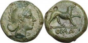 AE Half-bronze, c. 234-231 BC. Obv. Head of Roma right, wearing Phrygian helmet. Rev. Dog right; in exergue, [R]OMA. Cr. 26/4; HN Italy 309. AE. 1.69 ...