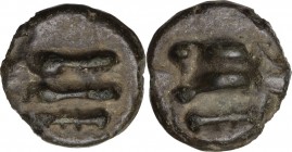 Roma/Roma and club series. AE Cast Uncia, 230-226 BC. Obv. Knucklebone seen from outside; below, club. Rev. Knucklebone seen from inside; below, club....