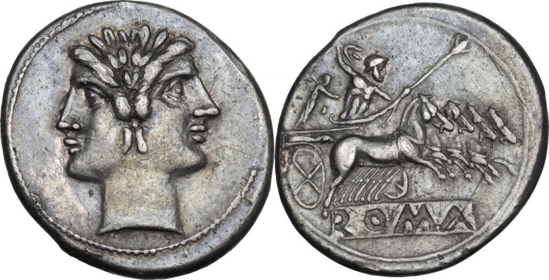 Anonymous. AR Quadrigatus, c. 225-214 BC. Obv. Laureate Janiform head of Dioscur...