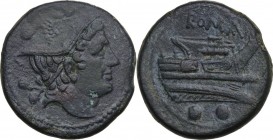Semilibral series. AE Sextans, circa 217-215 BC. Obv. Head of Mercury right, wearing winged petasus; two pellets above. Rev. Prow of galley right; two...