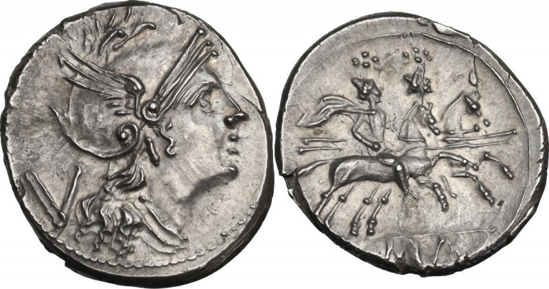 Anonymous. AR Quinarius, after 211 BC. Obv. Helmeted head of Roma right; behind,...