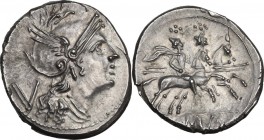 Anonymous. AR Quinarius, after 211 BC. Obv. Helmeted head of Roma right; behind, V. Rev. The Dioscuri galloping right; in exergue, [RO]MA. Cr. 47/1a. ...