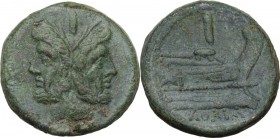 Sextantal series. AE As, after 211 BC. Obv. Laureate head of Janus; above, I. Rev. Prow right; above, I; below, ROMA. Cr. 56/2. AE. 33.81 g. 34.00 mm....
