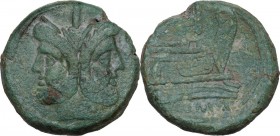 Sextantal series. AE As, after 211 BC. Obv. Laureate head of Janus; above, I. Rev. Prow of galley right; above, I; below, ROMA. Cr. 56/2. AE. 35.58 g....