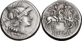 Cornucopiae (first) series. AR Denarius, c. 207 BC. Obv. Helmeted head of Roma right; behind, X. Rev. The Dioscuri galloping right; below, cornucopiae...