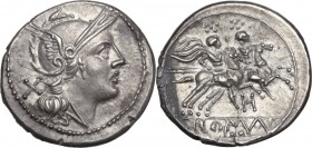 H series. AR Denarius, c. 211-210 BC, South East Italy. Obv. Helmeted head of Roma right; behind, X. Rev. The Dioscuri galloping right; below, H; in e...