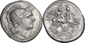H series. AR Quinarius, c. 211-210 BC, South East Italy. Obv. Helmeted head of Roma right; behind, V. Rev. The Dioscuri galloping right; below, H; in ...