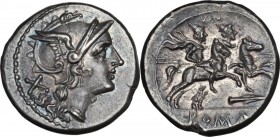Spearhead (second) series. AR Denarius, c. 209 BC, South East Italy. Obv. Helmeted head of Roma right; behind, X. Rev. The Dioscuri galloping right; b...