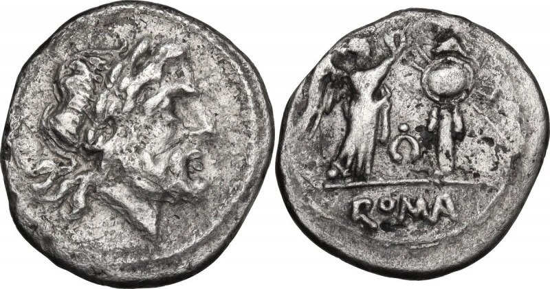 Torque series. AR Victoriatus, uncertain mint, 211-208 BC. Obv. Laureate head of...