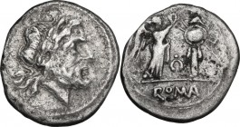 Torque series. AR Victoriatus, uncertain mint, 211-208 BC. Obv. Laureate head of Jupiter right. Rev. Victory standing right, crowning trophy; in field...