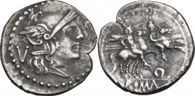 Q" series. AR Quinarius, Apulia (?) c. 211-210. Obv. Helmeted head of Roma right; behind, V. Rev. The Dioscuri galloping right; below, Q; in exergue, ...