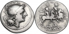 "Q" series. AR Quinarius, Apulia (?) c. 211-210 BC. Obv. Helmeted head of Roma right; behind, V. Rev. The Dioscuri galloping right; below, Q; in exerg...