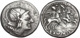 Knife (first) series. AR Denarius, c. 209 BC, uncertain mint in Spain. Obv. Helmeted head of Roma right; behind, X. Rev. The Dioscuri galloping right;...