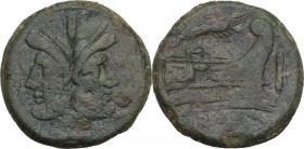Prawn series. AE As, c. 179-170 BC. Obv. Laureate head of Janus; above, mark of value I. Rev. Prow right; above, prawn; before, mark of value I and be...