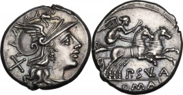 Pub. Sulla. AR Denarius. Obv. Helmeted head of Roma right; behind, X. Rev. Victory in biga right; below horses, P. SVLA; in exergue, ROMA. Cr. 205/1; ...