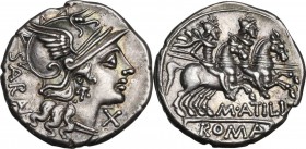 M. Atilius Saranus. AR Denarius, 148 BC. Obv. Helmeted head of Roma right; behind, SARAN downwards; before, X. Rev. The Dioscuri galloping right; belo...
