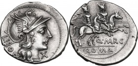 Q. Marcius Libo. AR Denarius, 148 BC. Obv. Helmeted head of Roma right; behind, LIBO; before, X. Rev. The Dioscuri galloping right; below, Q. MARC; in...