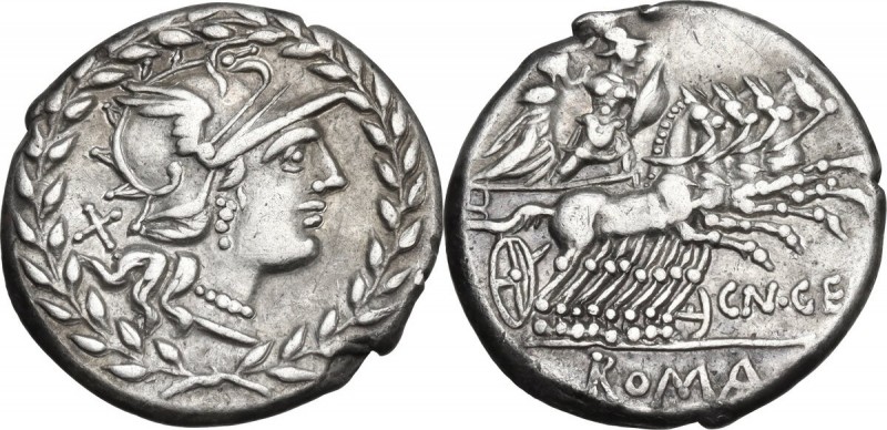 Cn. Gellius. AR Denarius, 138 BC. Obv. Helmeted head of Roma right, X behind, al...