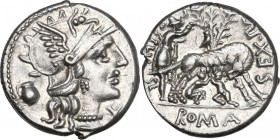 Sex. Pompeius Fostlus. AR Denarius, 137 BC. Obv. Helmeted head of Roma right; below chin, X; behind, jug. Rev. SEX. PO[M] FOSTLVS. She-wolf suckling t...