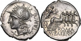 M. Baebius Q. f. Tampilus. AR Denarius, 137 BC. Obv. Helmeted head of Roma left, wearing necklace of pendants; below chin, X; behind, TAMPIL. Rev. Apo...