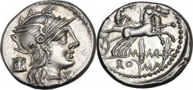 M. Marcius Mn. f. AR Denarius, 134 BC. Obv. Helmeted head of Roma right; below chin, X; behind, modius. Rev. Victory in biga right; below, M MARC/ROMA...