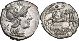P. Maenius Antiaticus M. f. AR Denarius, 132 BC. Obv. Helmeted head of Roma right; behind, X. Rev. Victory in quadriga right, holding reins and palm-b...