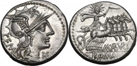M. Aburius M.f. Geminus. AR Denarius, 132 BC. Obv. Helmeted head of Roma right; behind, GEM; before, X. Rev. Sol in quadriga right, holding reins and ...
