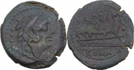 M. Fabrinius. AE Quadrans, 132 BC. Obv. Head of Hercules right; behind, three pellets. Rev. M. FABRI/NI. Prow right; before, three pellets; below, ROM...