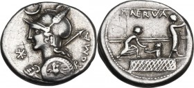 P. Nerva. AR Denarius, 113-112 BC. Obv. Helmeted bust of Roma left, holding shield in left hand and spear over shoulder in right; in left field, X wit...