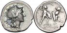 T. Didius. AR Denarius, 113-112 BC. Obv. Helmeted head of Roma right; behind, ROMA in monogram. Rev. Battle between two gladiators; in exergue, T. DEI...