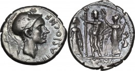 Cn. Blasio Cn. f. AR Denarius, 112-111 BC. Obv. Helmeted head right (Scipio Africanus the Elder or Blasio?), [X] above, CN. BLASIO. CN.F. before and t...