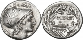 Q. Lutatius Cerco. AR Denarius, 109-108 BC. Obv. Head of Roma right, wearing helmet decorated with stars; behind, X with central bar (XVI monogram); a...
