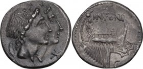 Mn. Fonteius. AR Denarius, 108-107 BC. Obv. Jugate and laureate heads of Dioscuri right; below their chins, X. Rev. Ship right; above, MN FONTEI; belo...
