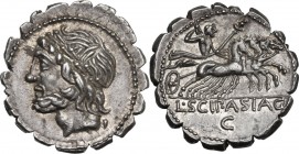 L. Scipio Asiagenus. AR Denarius serratus, 106 BC. Obv. Laureate head of Jupiter left. Rev. Jupiter driving fast quadriga right; in exergue, L. SCIP.A...