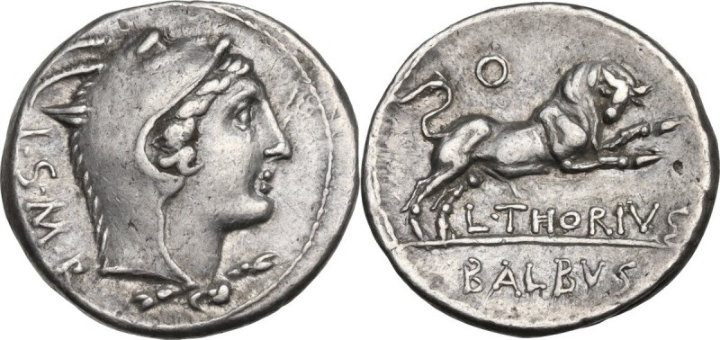 L. Thorius Balbus. AR Denarius, 105 BC. Obv. Head of Juno of Lanuvium right, wea...