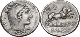 L. Thorius Balbus. AR Denarius, 105 BC. Obv. Head of Juno of Lanuvium right, wearing goat's skin, I.S.M.R. behind. Rev. Bull charging right, O above, ...