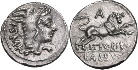 L. Thorius Balbus. AR Denarius, 105 BC. Obv. Head of Juno of Lanuvium right, wearing goat's skin, I.S.M.R. behind. Rev. Bull charging right, S above, ...