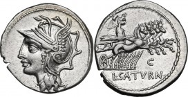 L. Appuleius Saturninus. AR Denarius, 104 BC. Obv. Helmeted head of Roma left. Rev. Saturn in quadriga right; below horses, C; in exergue, L. SATVRN. ...