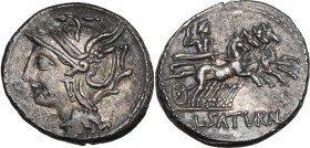 L. Appuleius Saturninus. AR Denarius, 104 BC. Obv. Helmeted head of Roma left. Rev. Saturn in quadriga right; above the horses, F; in exergue, L. SATV...