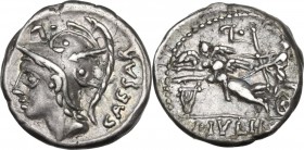 L. Julius L.f. Caesar. AR Denarius, 103 BC. Obv. Helmeted head of Mars left; behind, CAESAR; above, dot and P(?). Rev. Venus in biga of Cupids left, h...