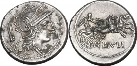 L. Iulius. AR Denarius, 101 BC. Obv. Helmeted head of Roma right; behind, corn-ear. Rev. Victory in biga right, holding reins; below, L.IVLI. Cr. 323/...